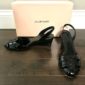 Jill Stuart black patent wedge slingback in box